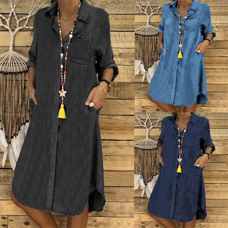 2025 plus size ladies denim dress casual dress plain color